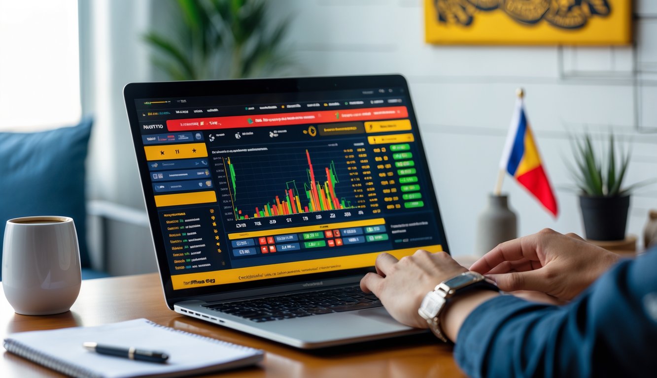 Seseorang menggunakan laptop di meja kerja dengan tampilan situs taruhan sabung ayam Filipina di layar, dikelilingi oleh dekorasi budaya Filipina.