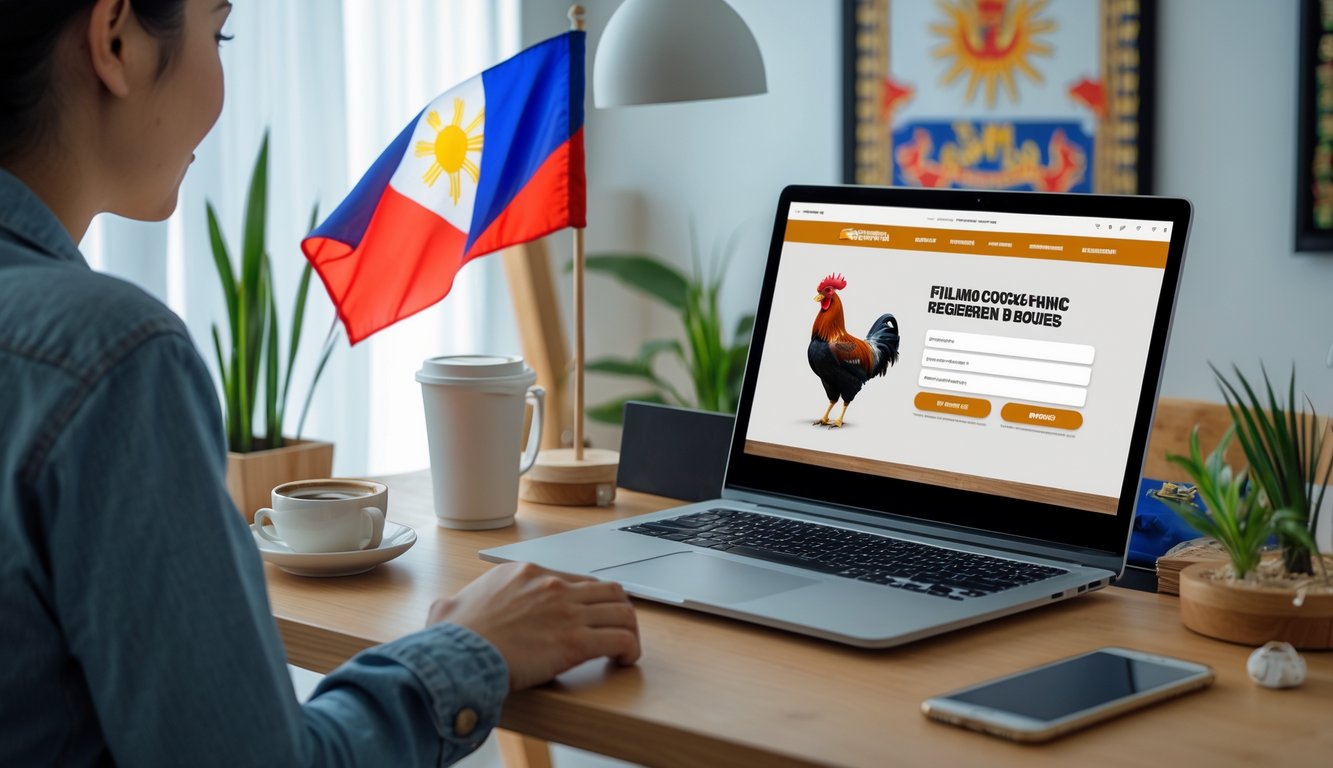 Seseorang sedang menggunakan laptop di meja kerja dengan bendera Filipina kecil di samping, menunjukkan suasana pendaftaran online sabung ayam Filipina.