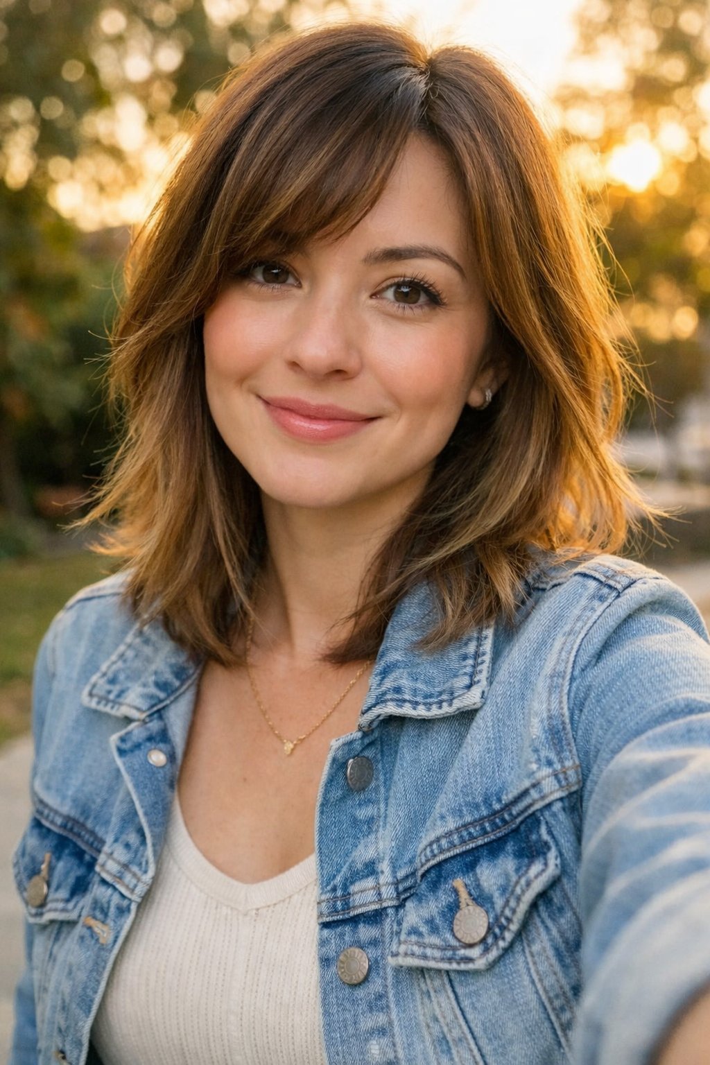 How To Not Dress Old: 17 Easy Style Tips That'll Take Years Off Your Look 40 A woman smiling outdoors with layered hair, captured in warm sunlight.