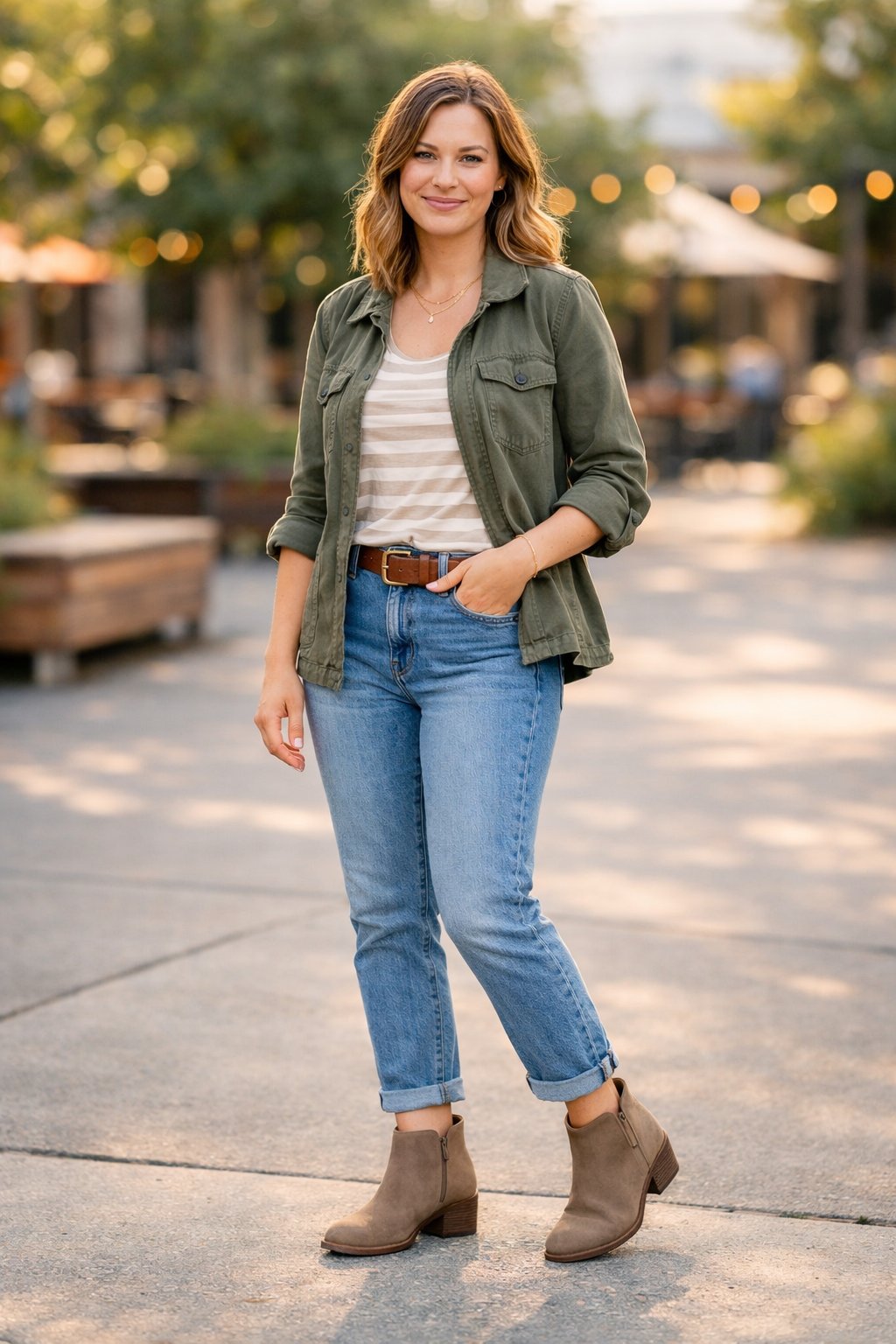 How To Not Dress Old: 17 Easy Style Tips That'll Take Years Off Your Look 42 A woman standing outdoors wearing ankle boots with a low heel, smiling and looking relaxed.