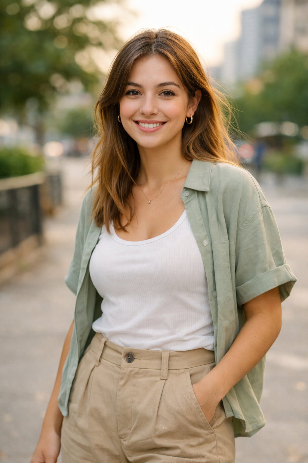How To Not Dress Old: 17 Easy Style Tips That'll Take Years Off Your Look 44 A woman standing outdoors smiling with blurred greenery and buildings in the background.