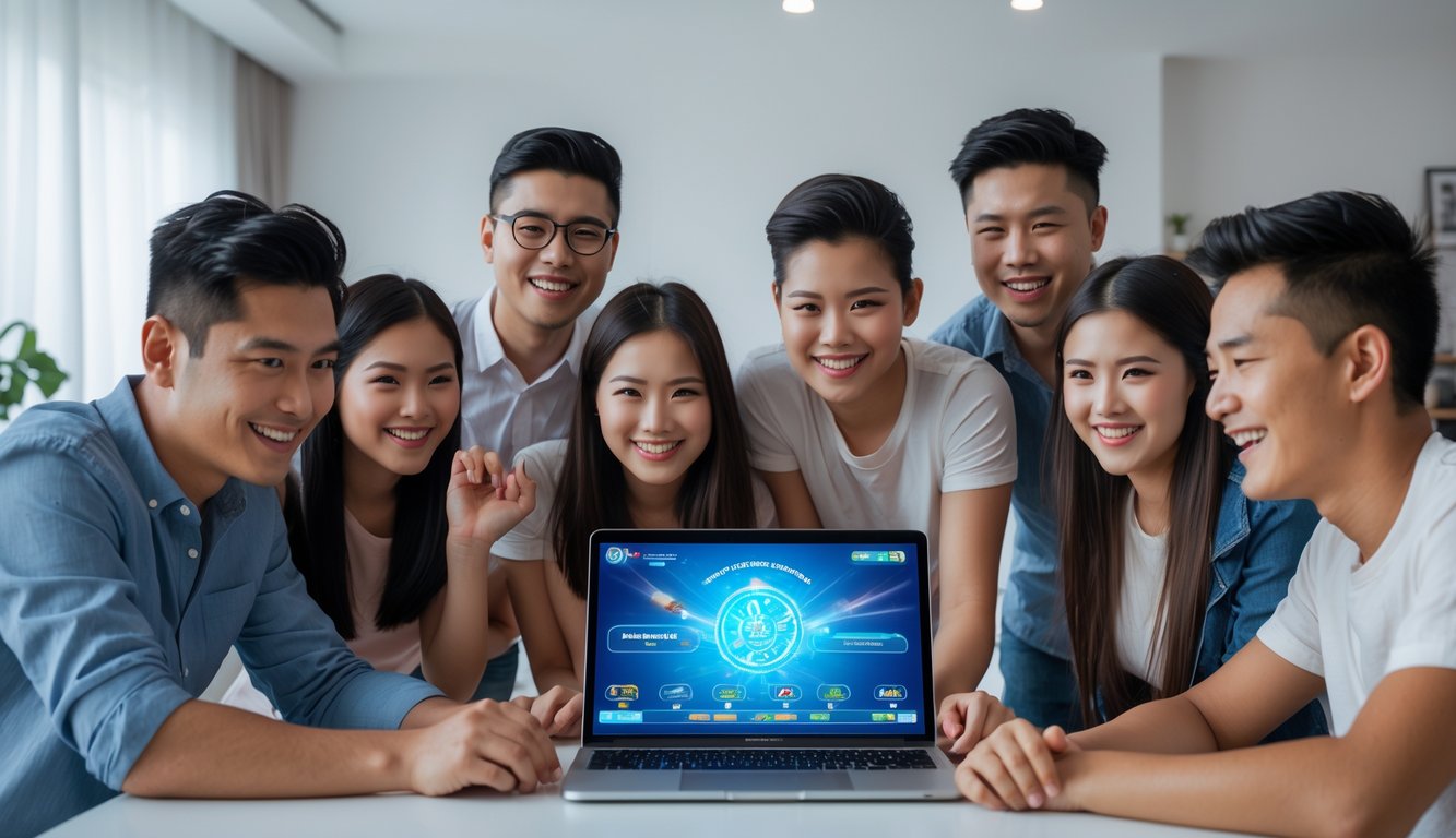 Sekelompok orang muda yang antusias berkumpul di sekitar laptop di dalam ruangan yang terang dan nyaman.