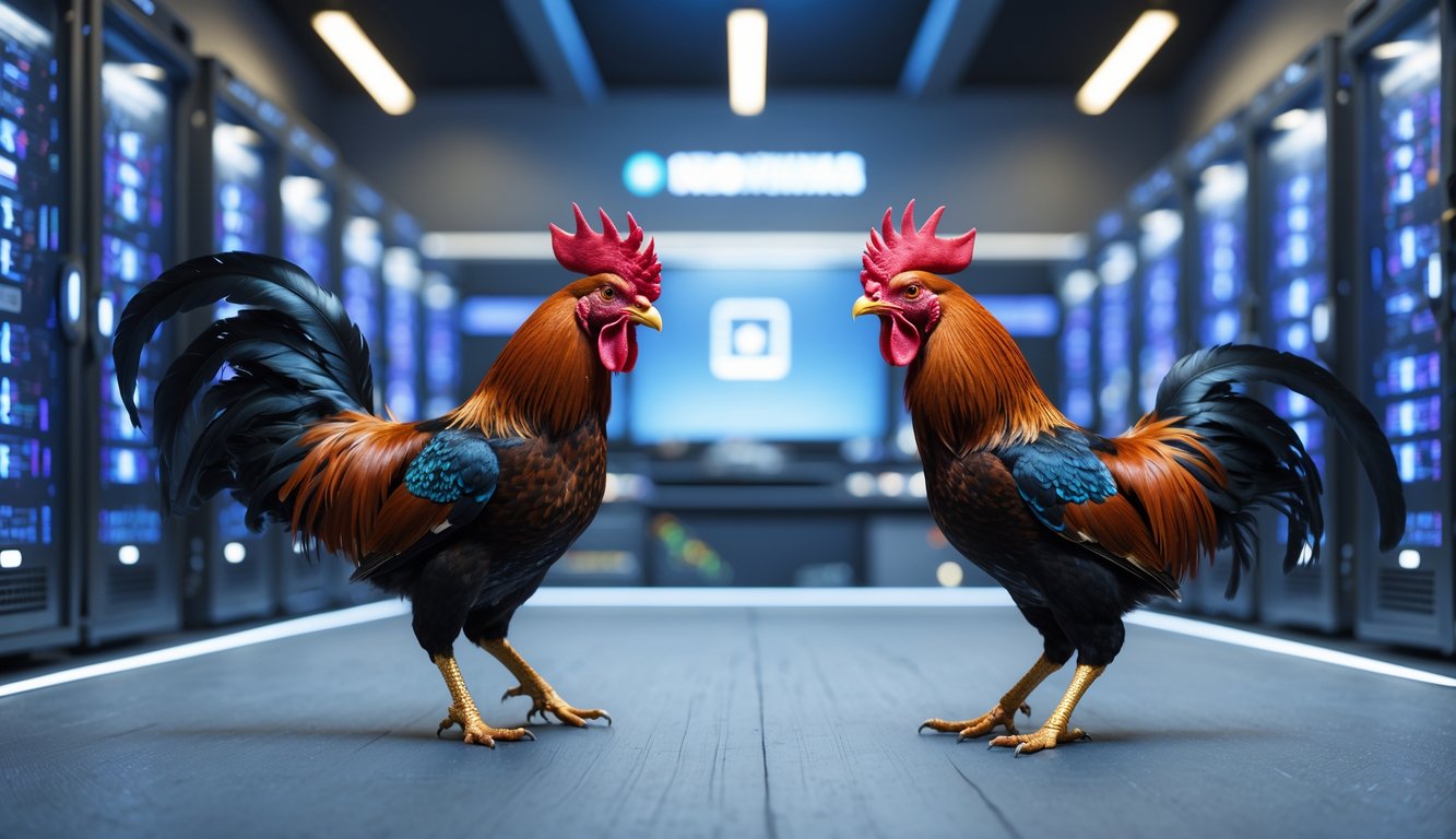 Dua ayam jago sedang bertarung di depan rak server komputer yang menyala di ruangan modern.