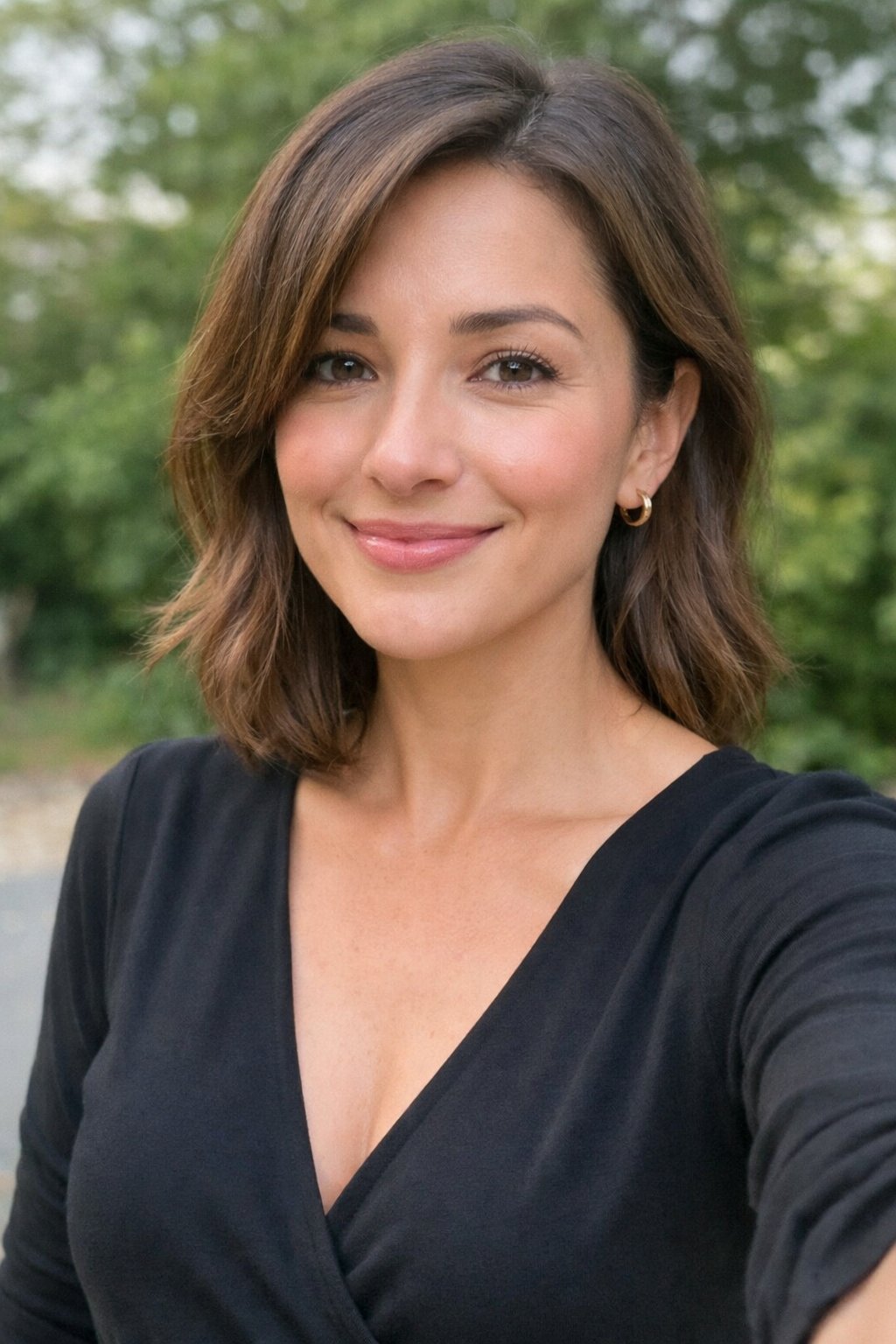 How To Not Dress Old: 17 Easy Style Tips That'll Take Years Off Your Look 46 A woman smiling outdoors wearing a V-neck top with greenery in the background.