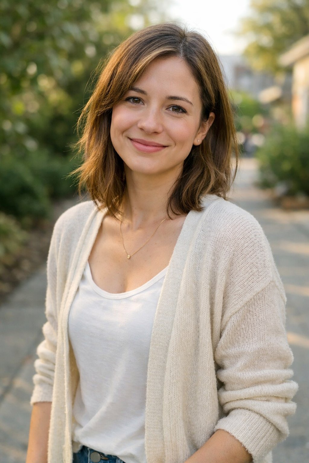 How To Not Dress Old: 17 Easy Style Tips That'll Take Years Off Your Look 47 A woman standing outdoors wearing a lightweight sweater layered over a top, smiling gently with greenery in the background.