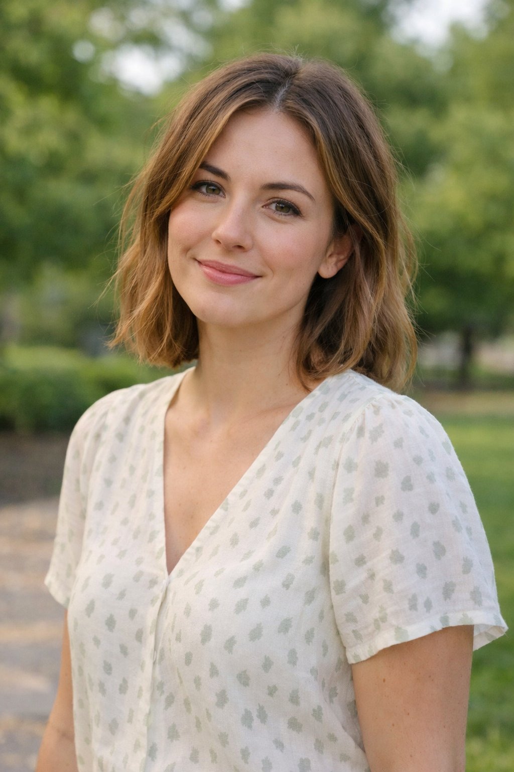 How To Not Dress Old: 17 Easy Style Tips That'll Take Years Off Your Look 49 A woman standing outdoors wearing a patterned top, smiling gently with greenery in the background.