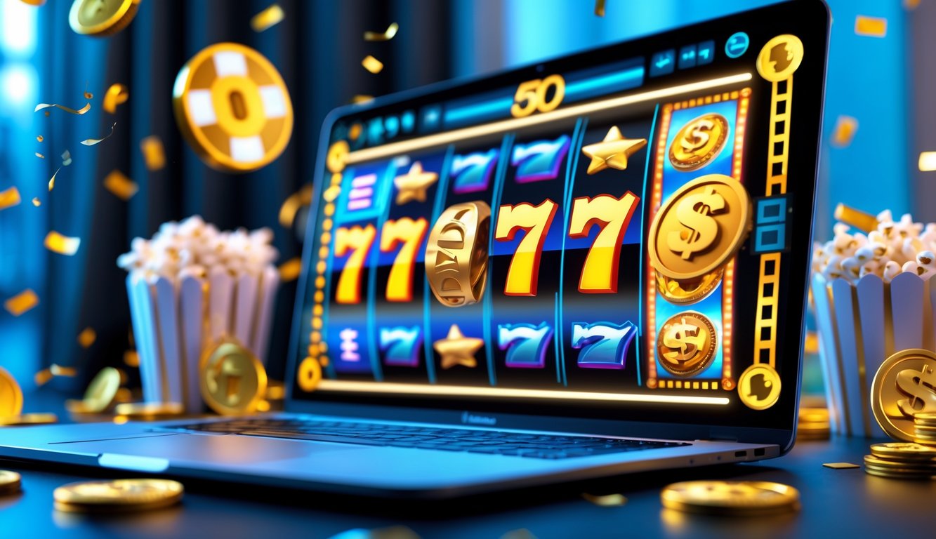 Tampilan mesin slot online bertema film dengan simbol warna-warni dan koin jackpot di layar perangkat modern.