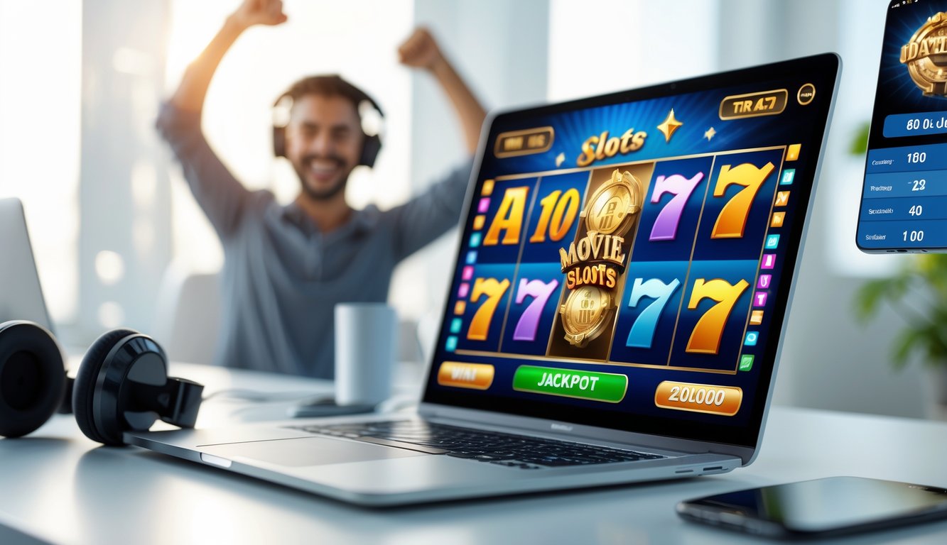 Seorang pengguna laptop bermain permainan slot online bertema film dengan layar menampilkan gulungan slot berwarna-warni dan suasana kemenangan yang menyenangkan.