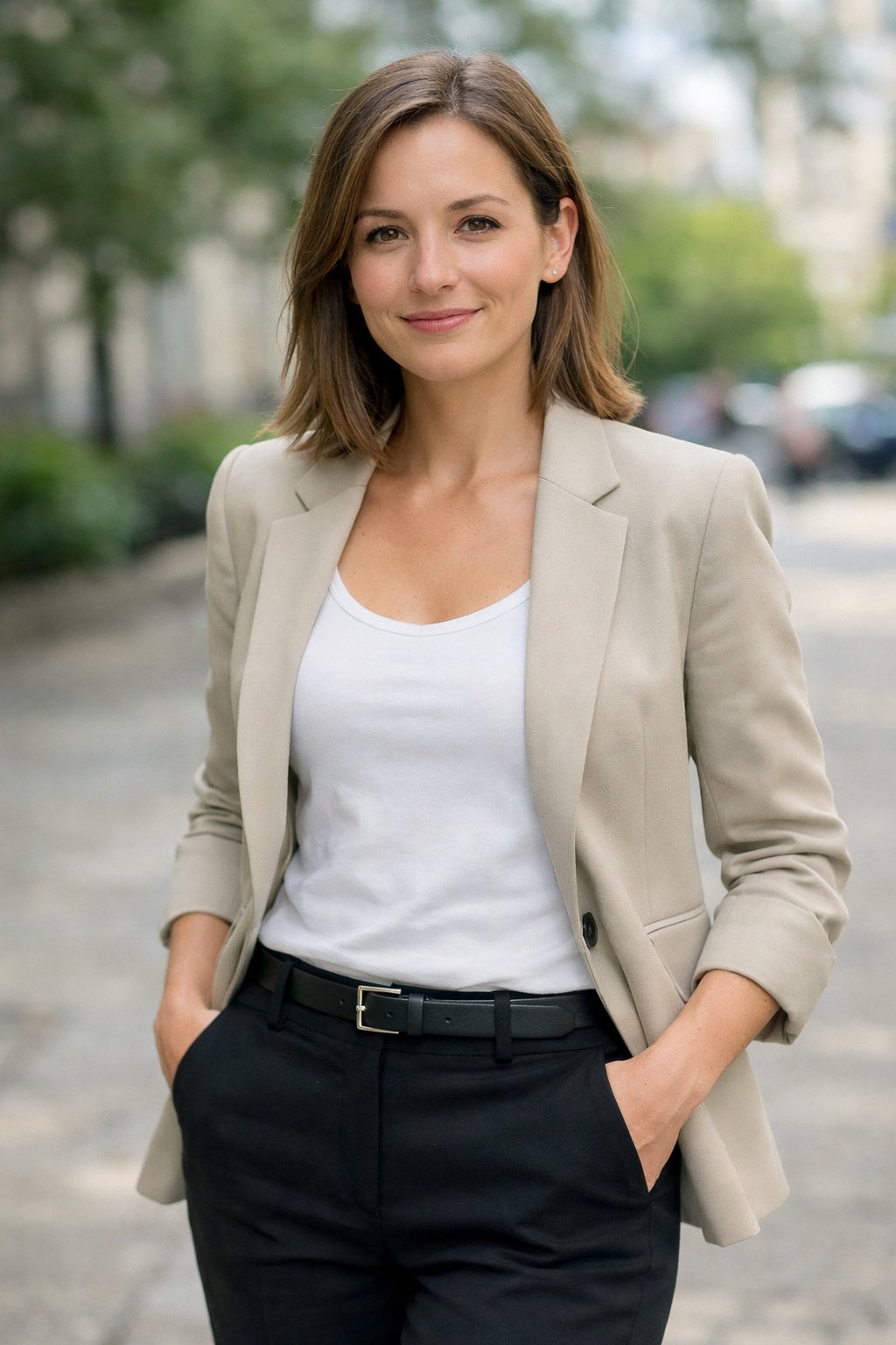 How To Not Dress Old: 17 Easy Style Tips That'll Take Years Off Your Look 55 A woman standing outdoors wearing fitted clothing, smiling gently at the camera.