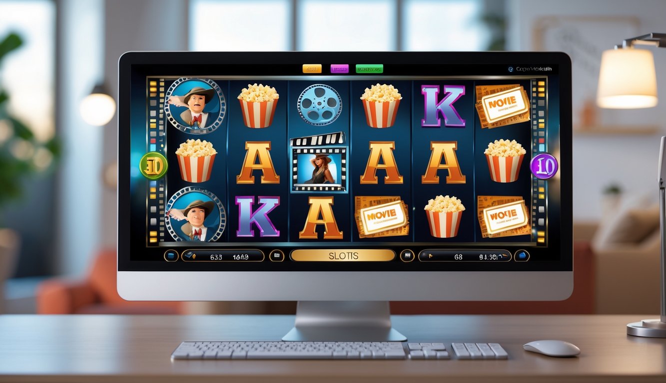 Seseorang menggunakan perangkat digital untuk bermain mesin slot bertema film dengan ikon warna-warni di layar.