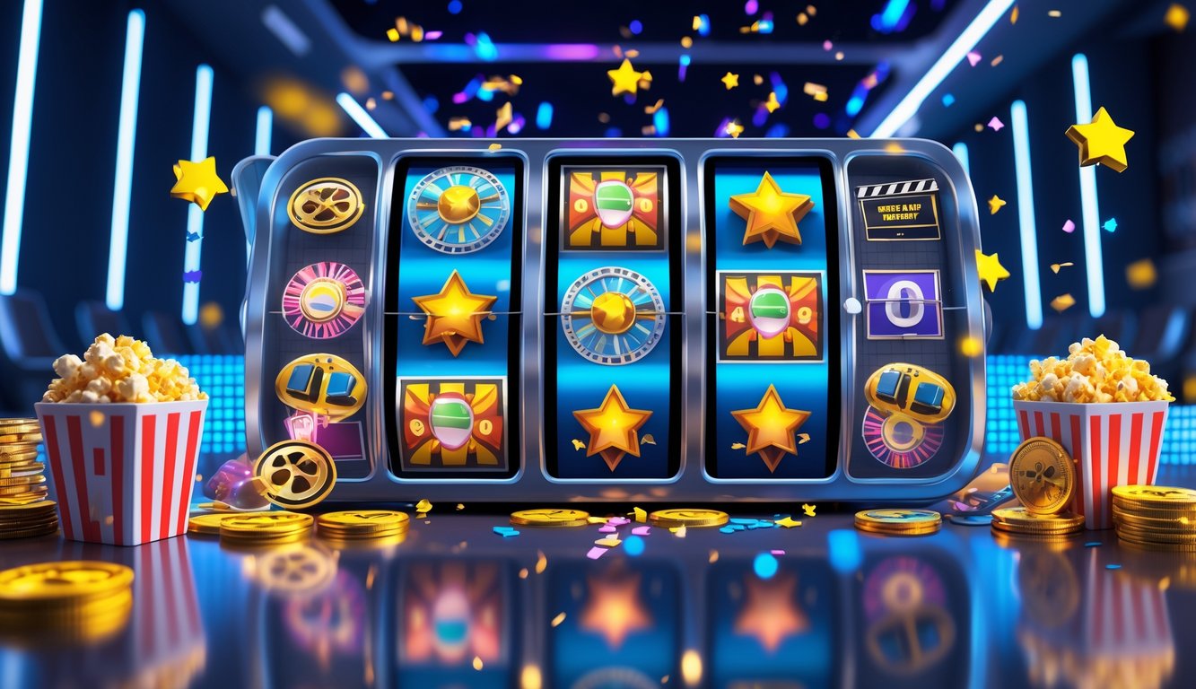 Antarmuka digital dengan mesin slot bertema film yang menampilkan ikon film dan koin berkilau, menggambarkan permainan slot online dengan bonus dan kemenangan besar.