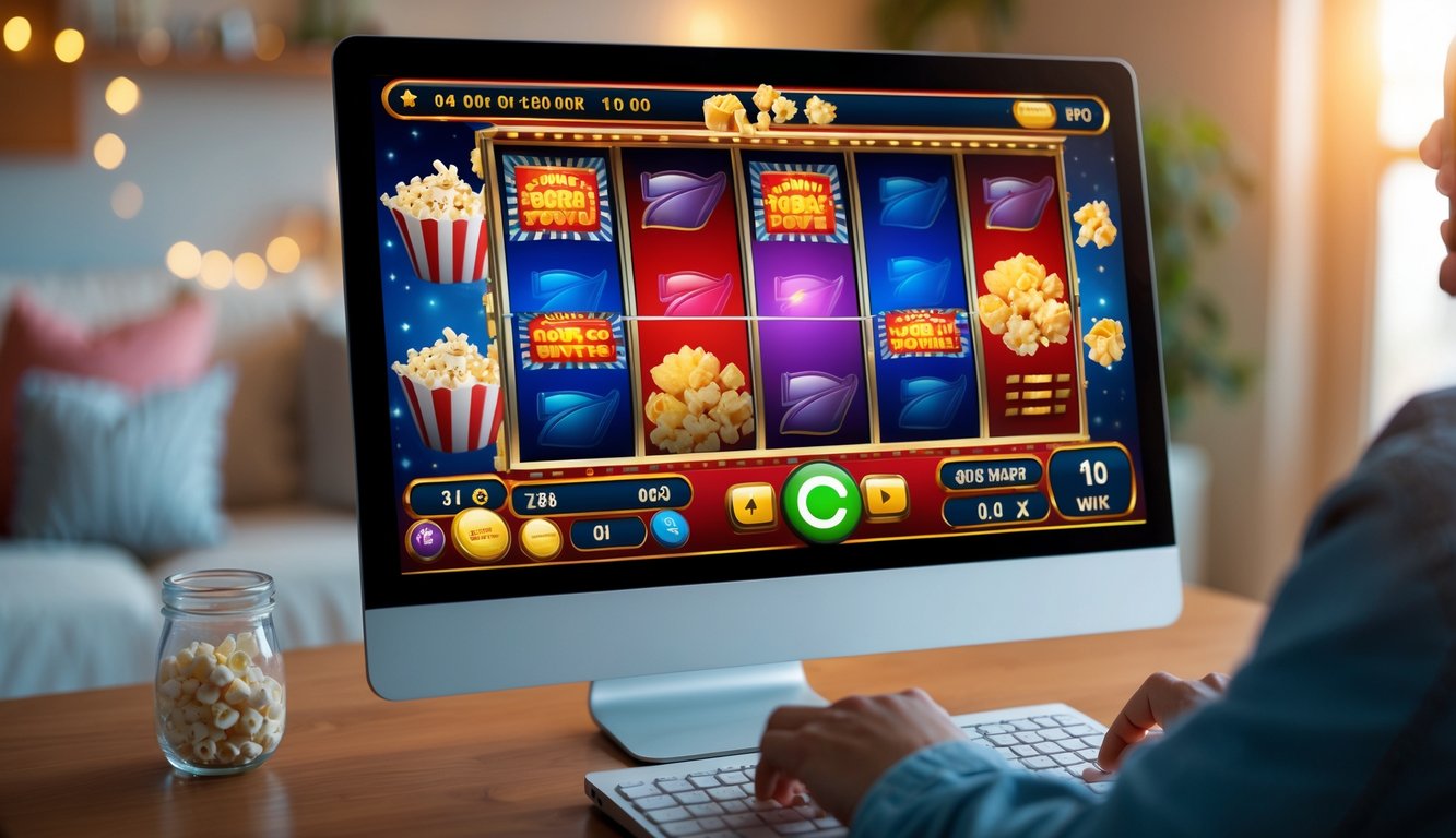 Seseorang sedang bermain game slot online bertema film populer di layar komputer di dalam ruangan yang nyaman.
