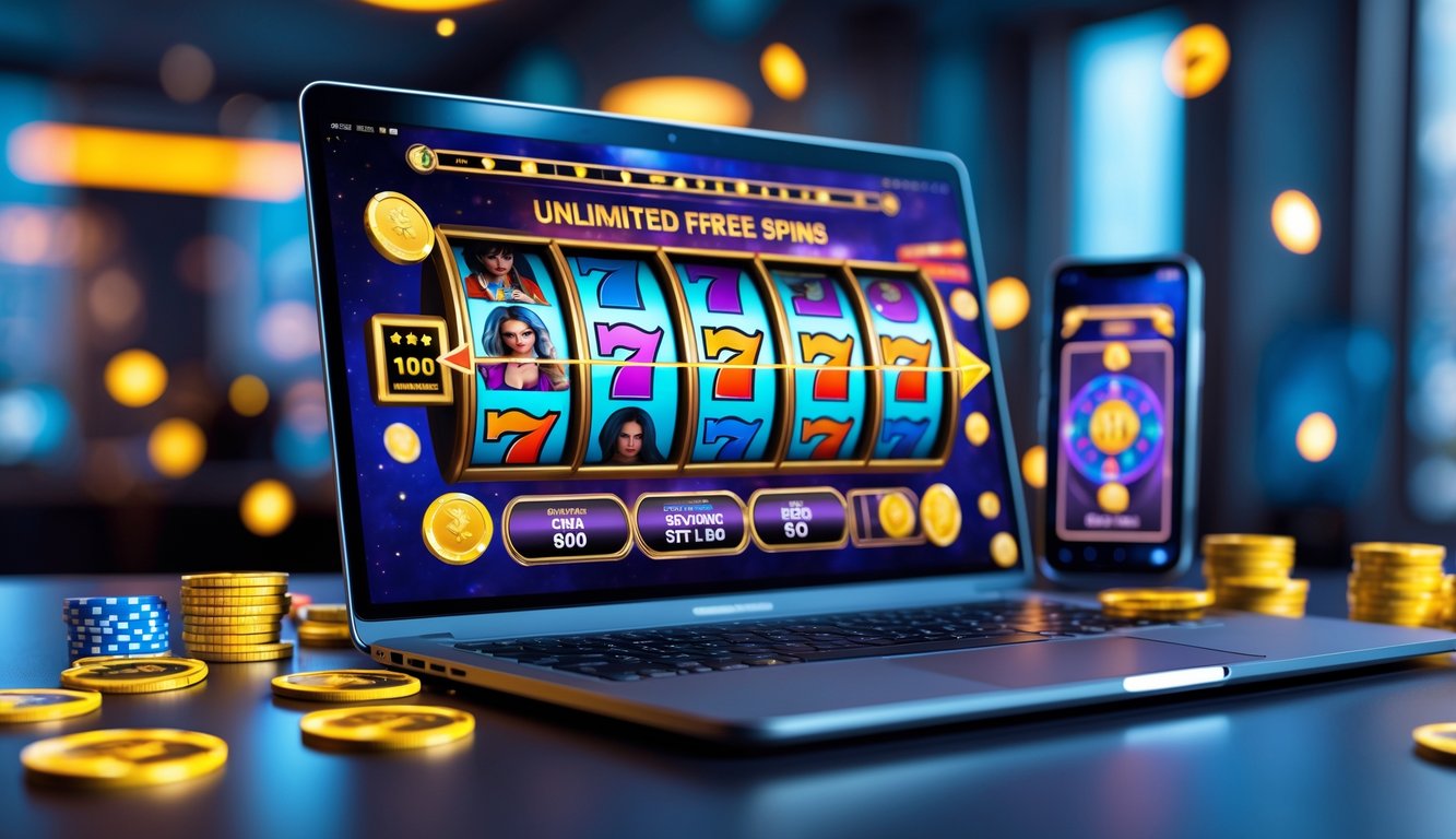 Layar laptop menampilkan mesin slot bertema film dengan simbol warna-warni, dikelilingi chip kasino dan koin, di meja kerja modern.