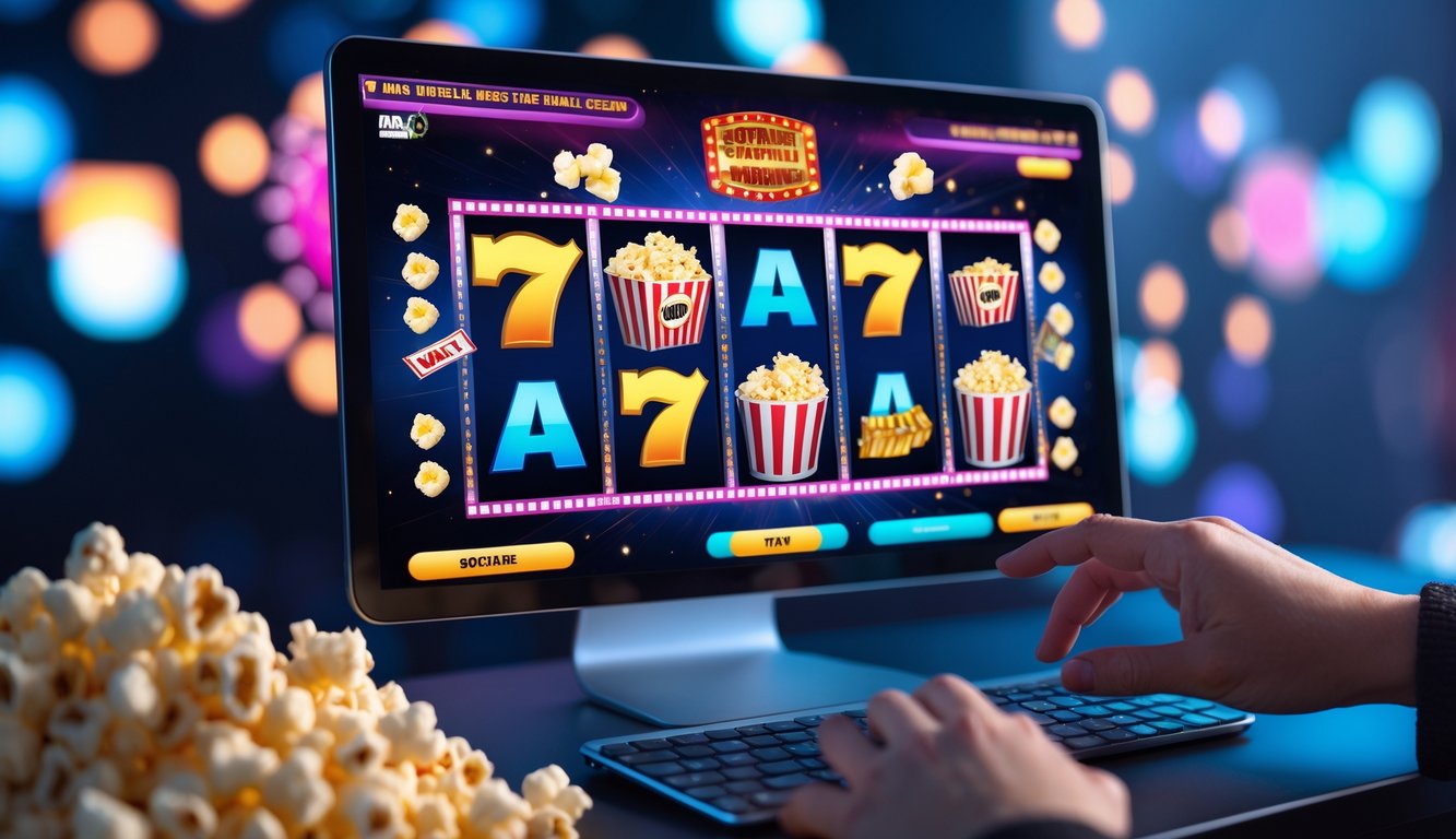 Seseorang menggunakan perangkat digital menampilkan permainan mesin slot dengan simbol film dan elemen digital yang menunjukkan suasana permainan online yang menarik.
