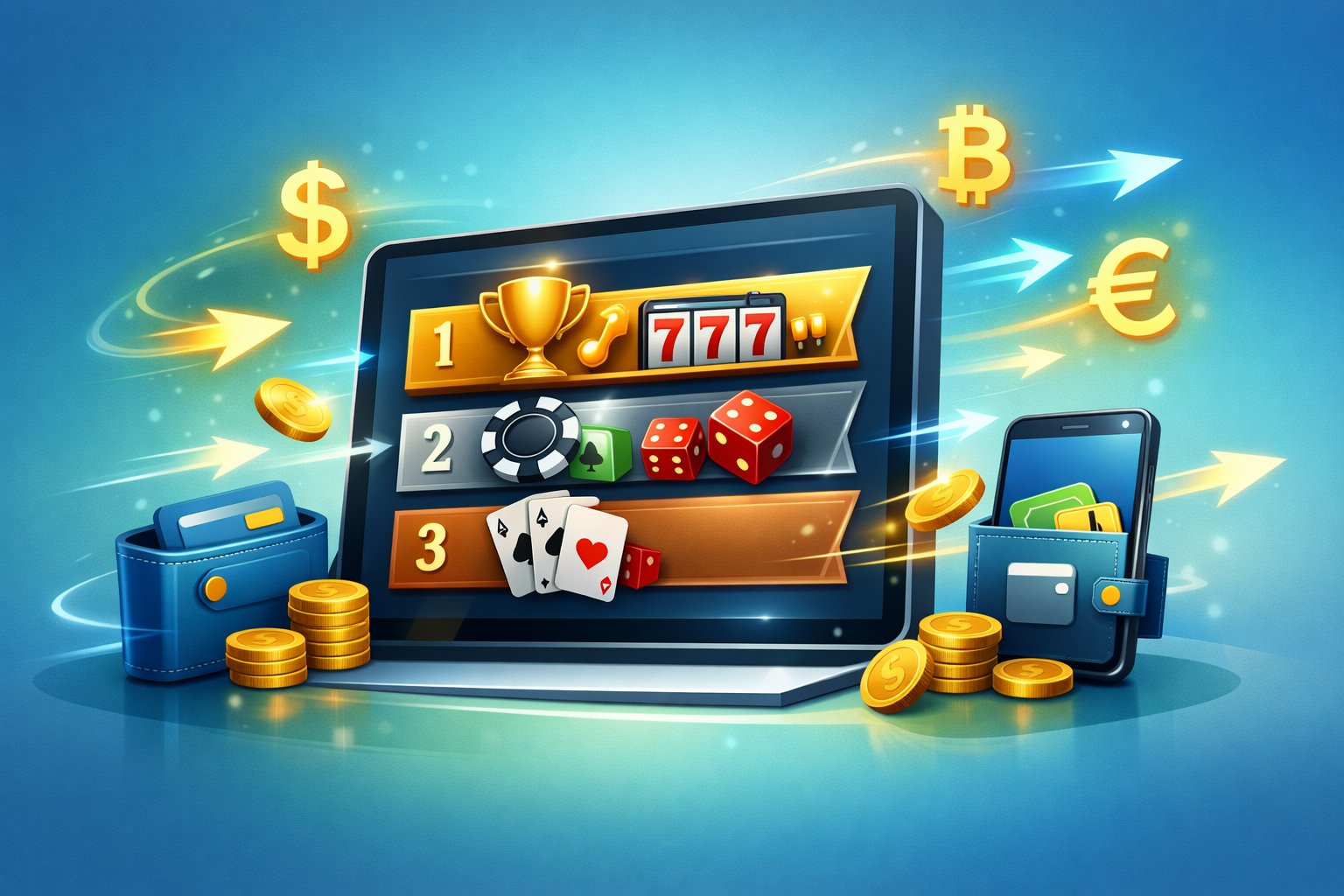 A Digital Leaderboard On A Tablet Showing Casino Game Icons With Symbols Of Fast Money Transfer Around It.