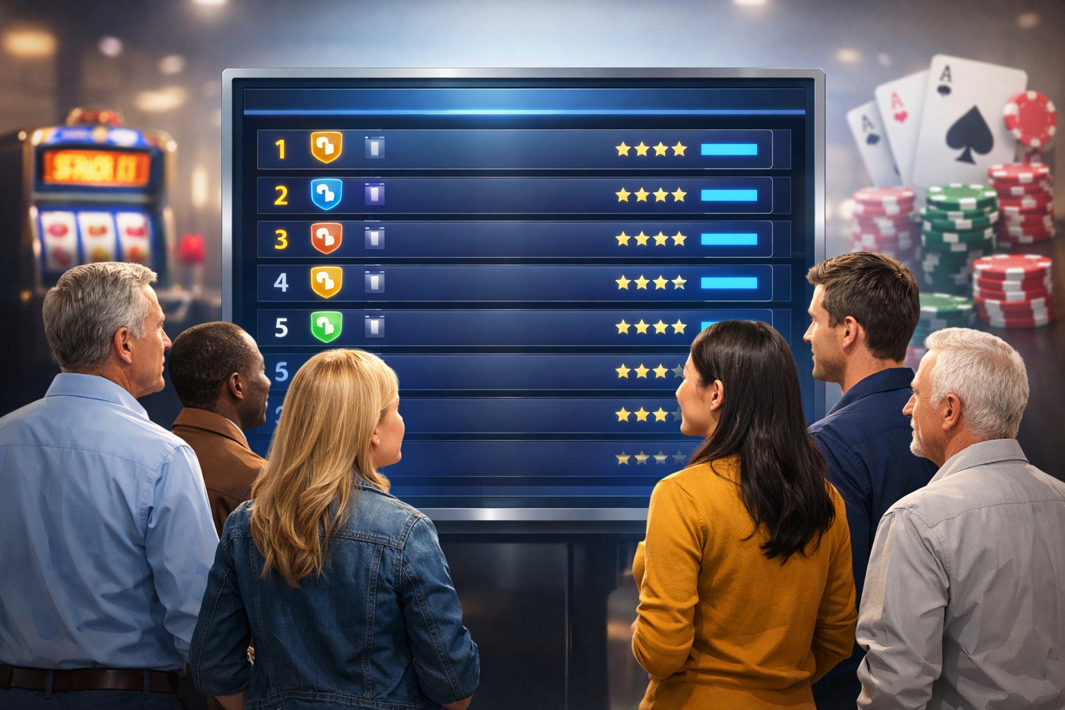 A Diverse Group Of People Looking At A Large Digital Leaderboard Displaying Top Instant Withdrawal Casinos With Casino Elements In The Background.