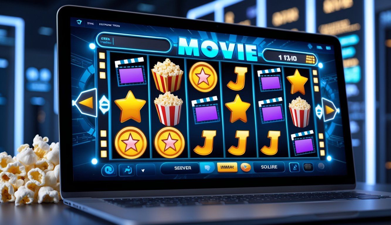 Layar perangkat menampilkan permainan slot bertema film dengan simbol warna-warni, di latar belakang ruangan modern yang menunjukkan keamanan dan stabilitas.