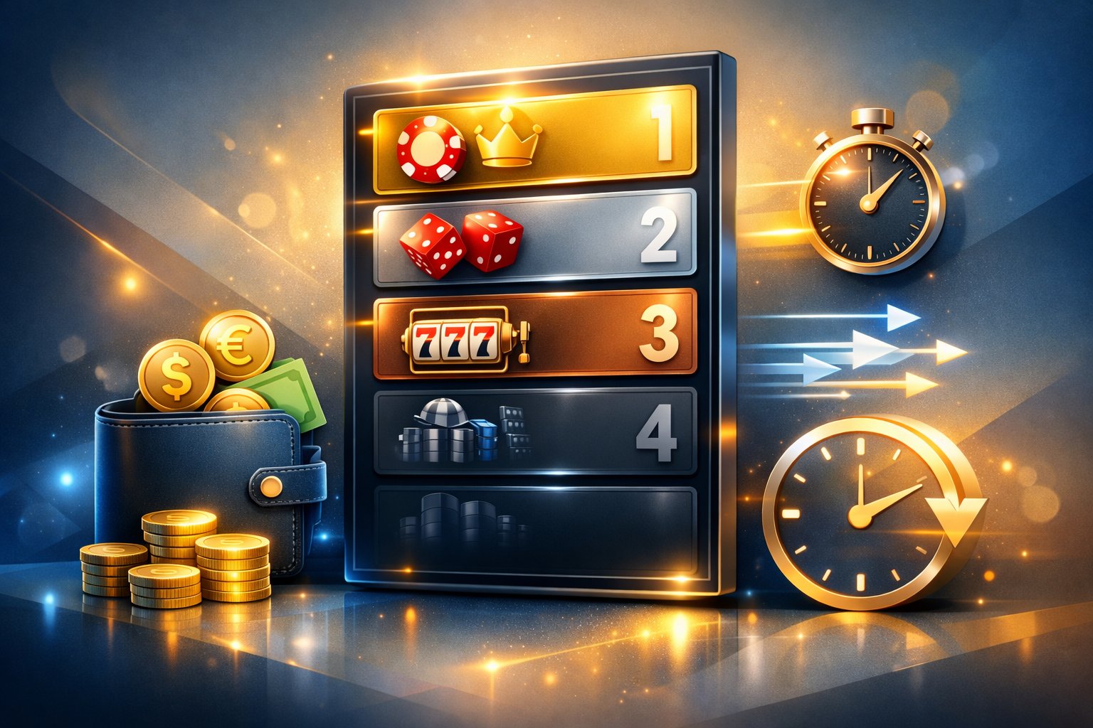 A Digital Leaderboard Showing Top Casino Icons With Symbols Representing Fast Withdrawals Like A Wallet, Currency, And Clock.