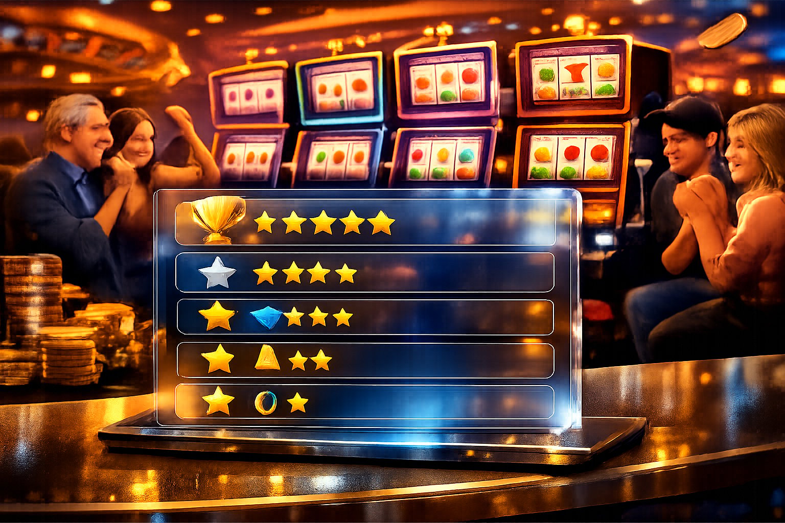 A Casino Scene With Colorful Slot Machines And A Floating Digital Leaderboard Showing Top Rankings, With Happy Players Enjoying The Games.