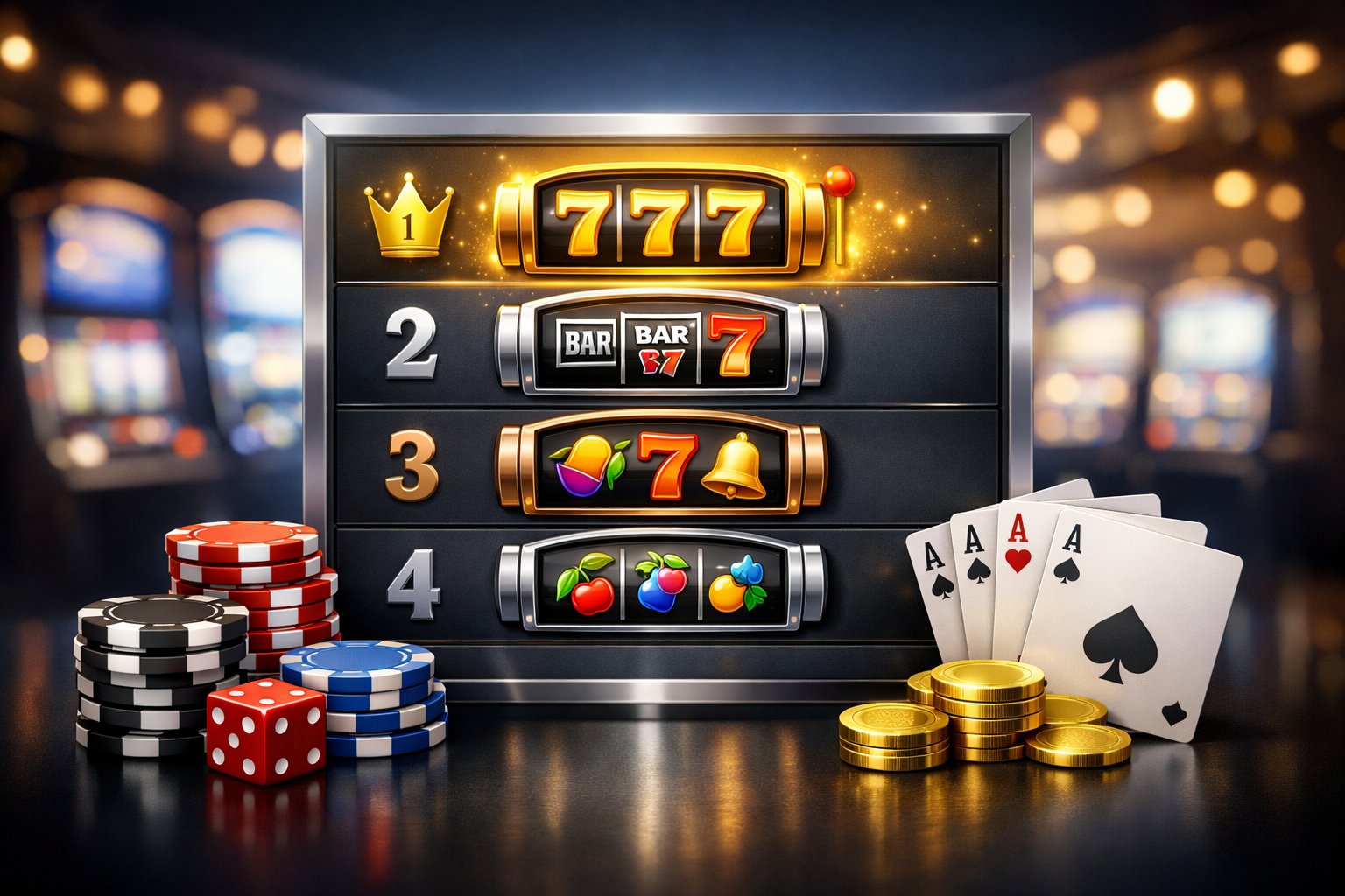 A Leaderboard Highlighting Top Slot Machine Casinos With Casino Elements Like Poker Chips And Dice Arranged Around It.
