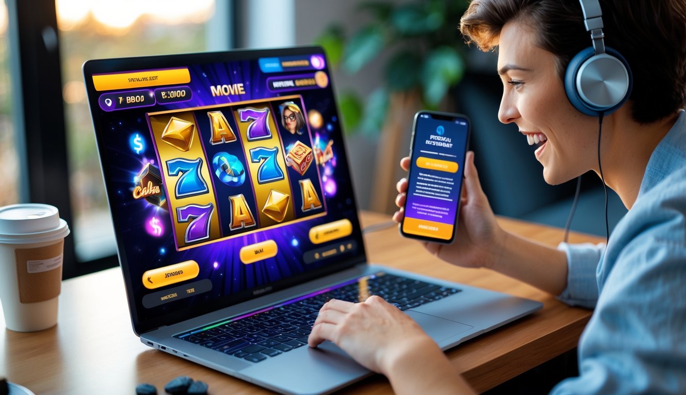Seseorang sedang bermain game slot online bertema film di laptop dengan suasana ruangan yang nyaman dan perangkat smartphone di dekatnya.