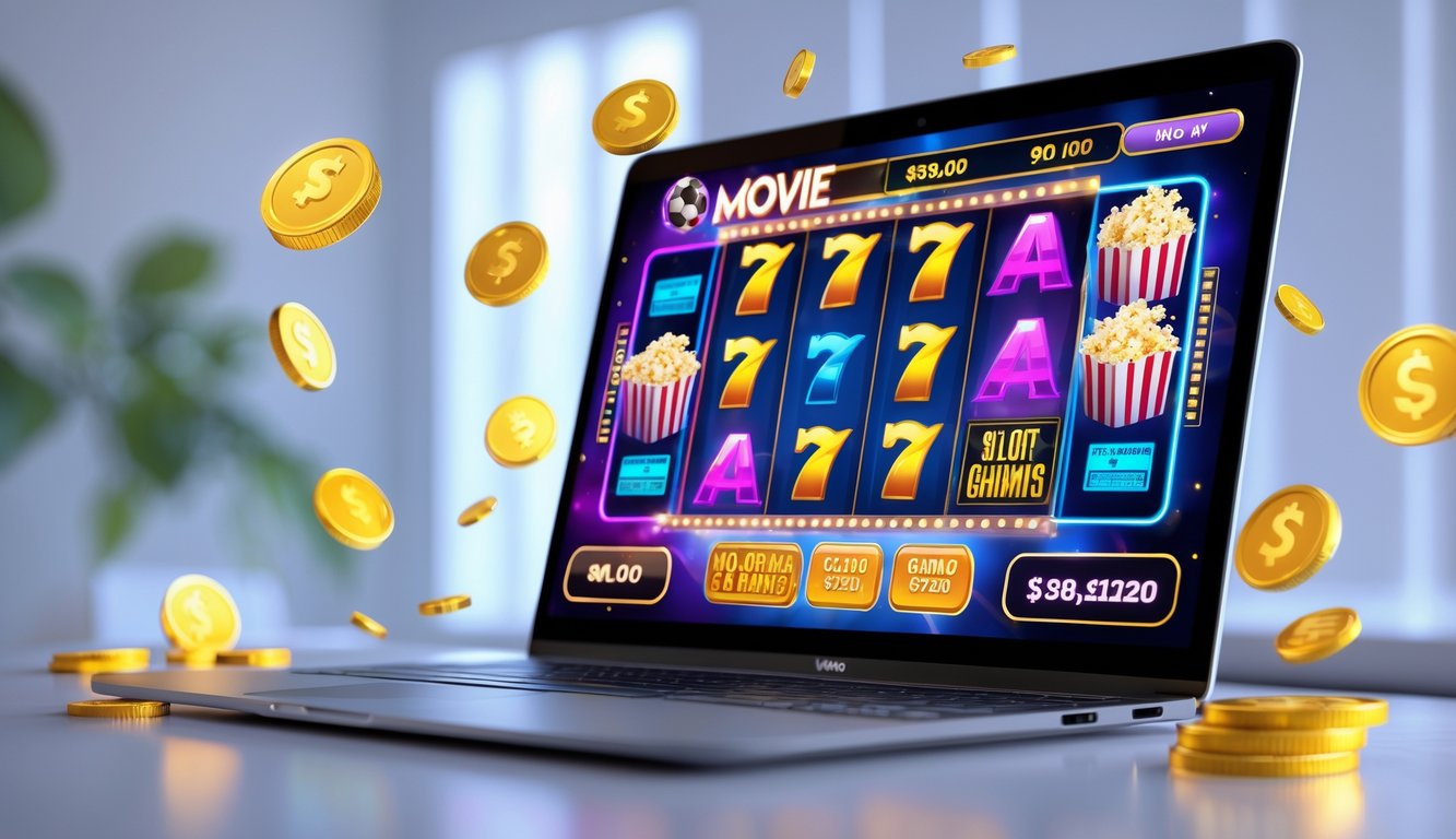 Seorang pengguna sedang bermain permainan slot film online di komputer dengan simbol slot warna-warni dan ikon cashback di sekitar layar.