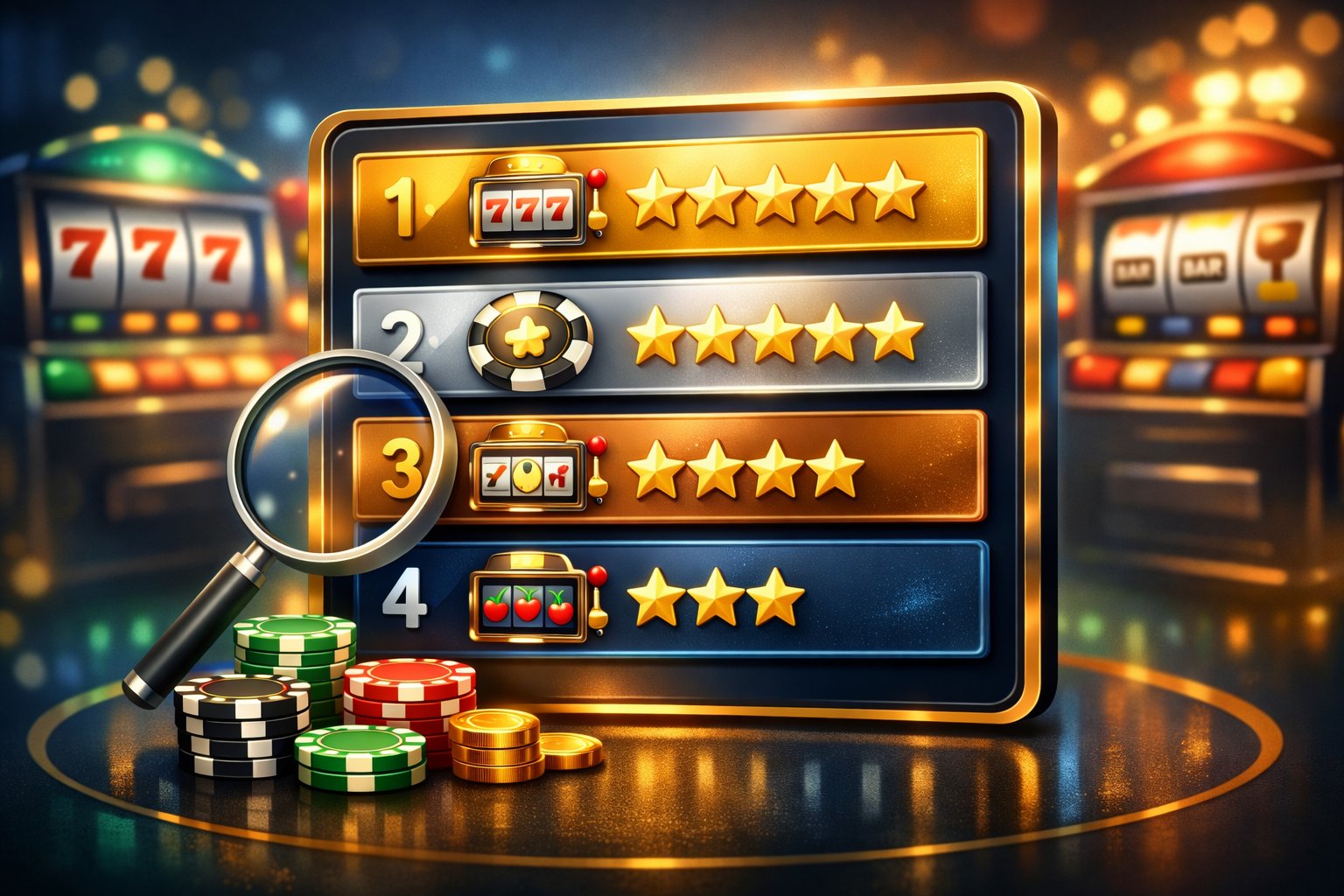 A Digital Leaderboard Showing Top Slot Machine Casino Rankings With Icons Of Slot Machines, Casino Chips, And Gold Stars, Surrounded By Related Casino Elements.