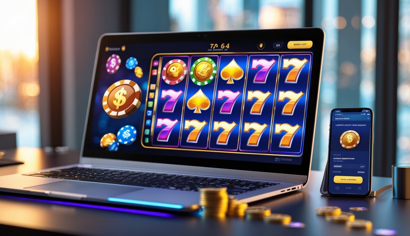 Sebuah layar komputer menampilkan permainan slot online dengan simbol warna-warni di meja kerja modern.