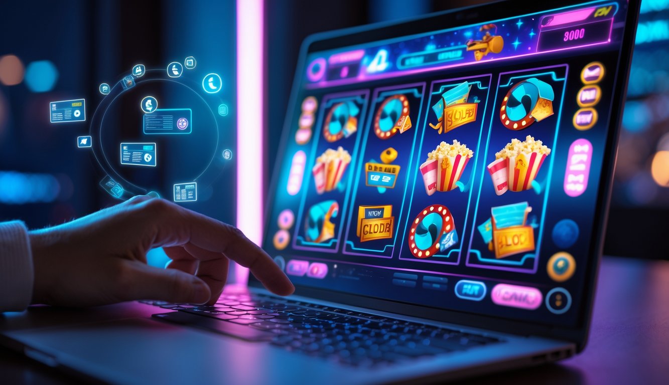 Seseorang menggunakan laptop dengan tampilan mesin slot bertema film yang berwarna-warni, menunjukkan suasana permainan slot online yang seru dan cepat.