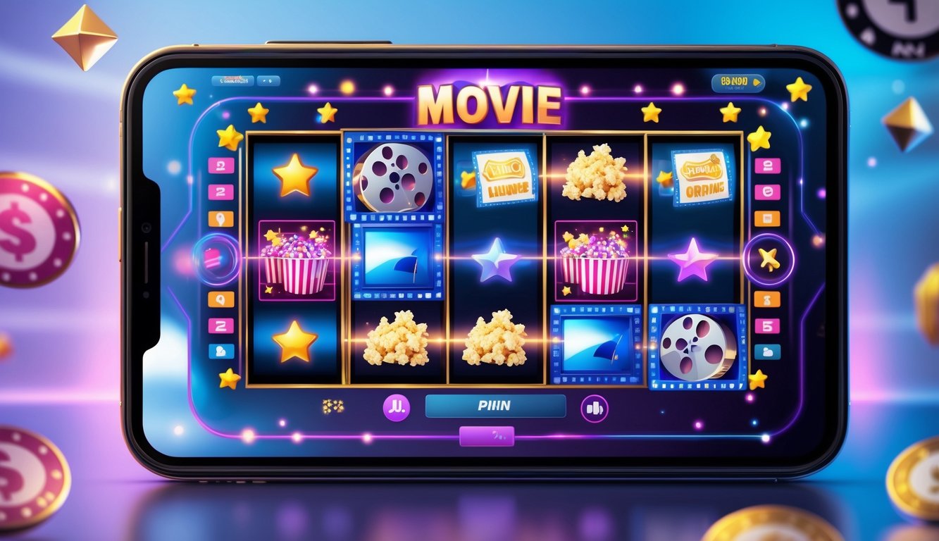 Tampilan layar perangkat digital dengan permainan slot bertema film yang penuh warna dan ikon film, menunjukkan suasana permainan slot online dengan efek cahaya dan simbol hadiah.