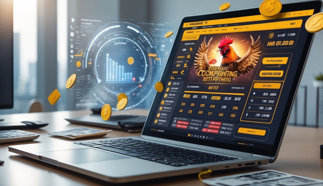 Sebuah laptop di meja kerja menampilkan situs taruhan sabung ayam Vietnam dengan berbagai pilihan pasar dan peluang tinggi.