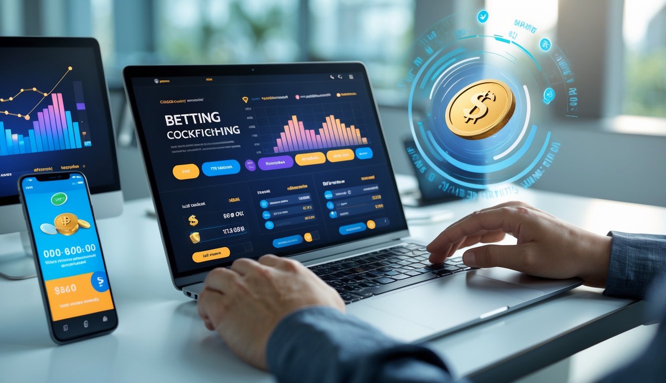 Seseorang menggunakan laptop dan ponsel untuk bertaruh secara online dengan latar belakang simbol uang dan grafik transaksi.