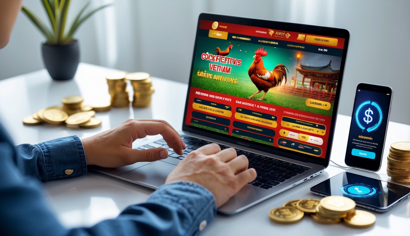 Seseorang menggunakan laptop yang menampilkan situs sabung ayam Vietnam online dengan simbol transaksi cepat dan uang di meja.