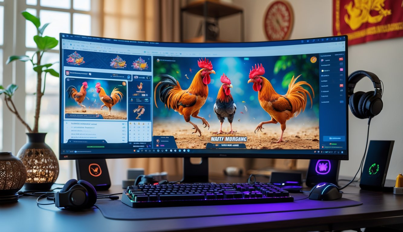 Sebuah ruang kerja modern dengan komputer yang menampilkan siaran langsung sabung ayam Vietnam, dilengkapi dengan aksesori gaming dan dekorasi budaya Vietnam.