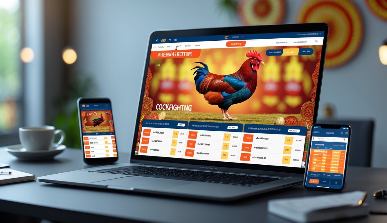 Seseorang menggunakan laptop dengan tampilan situs taruhan sabung ayam Vietnam di meja kerja yang rapi.