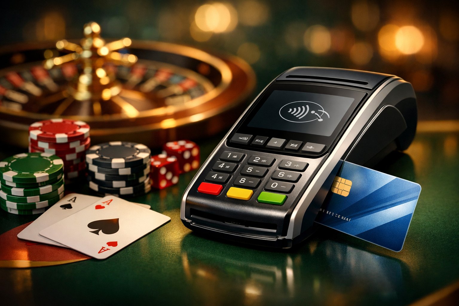 A Payment Terminal With A Bancomat Card Near It, Set Against A Background Of Casino Chips, Playing Cards, And A Roulette Wheel.