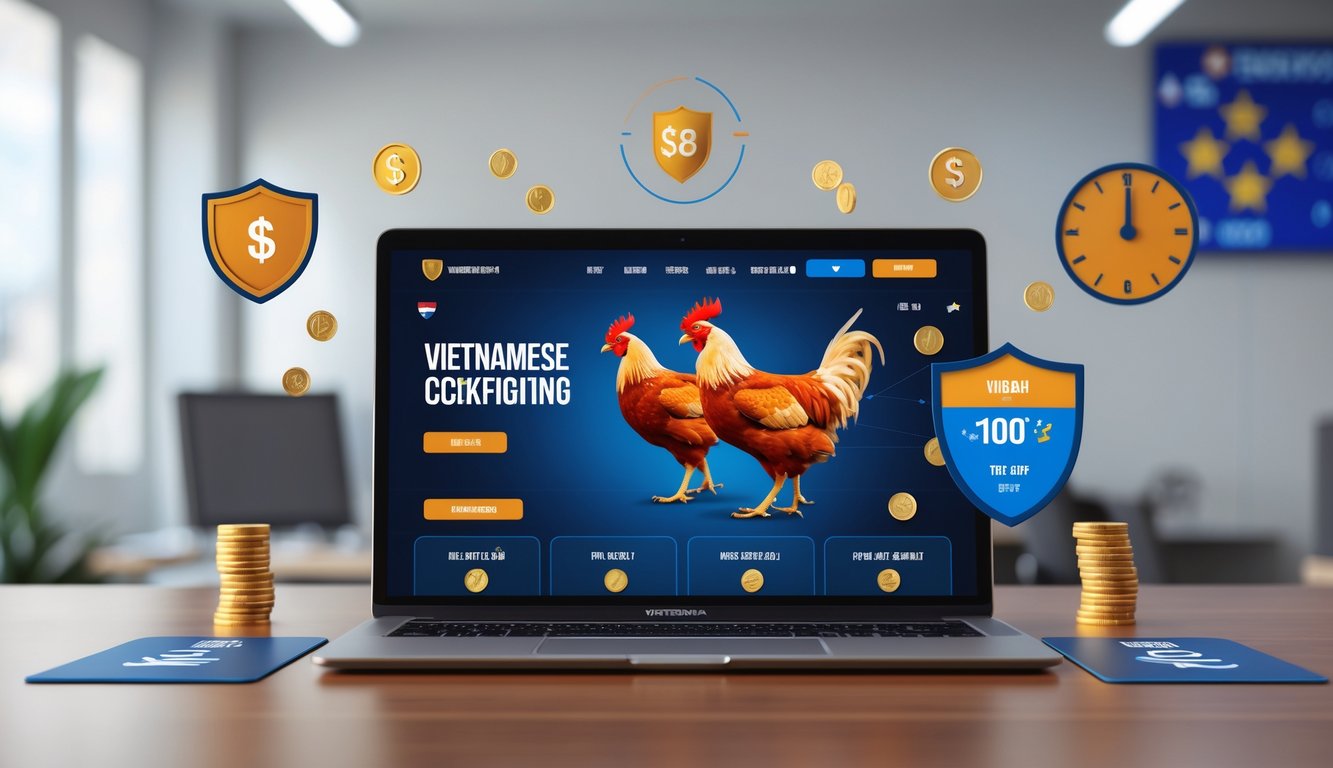 Sebuah laptop di meja kantor menampilkan situs taruhan sabung ayam Vietnam dengan ikon kepercayaan dan jam 24 jam di latar belakang.