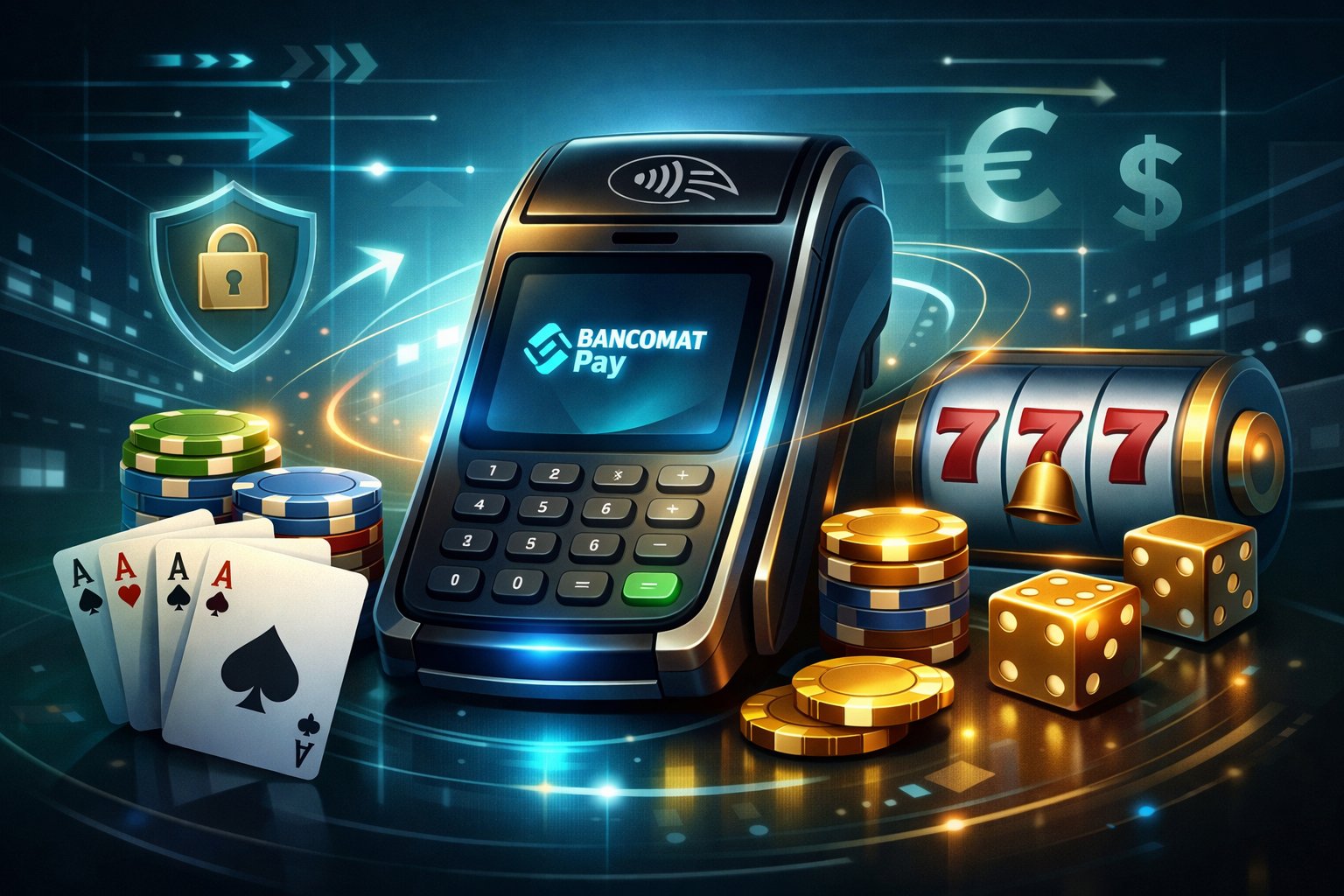 A Digital Payment Terminal Surrounded By Casino Elements Like Poker Chips And Playing Cards, Representing A Secure Casino Payment Method.