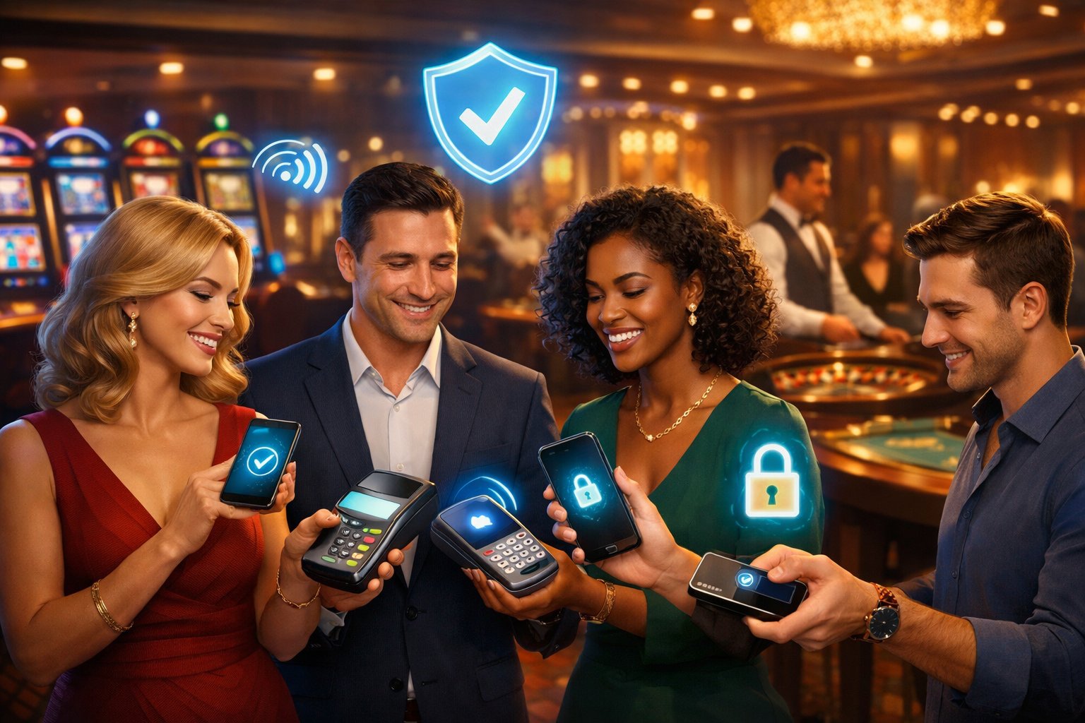 People Using Smartphones And Contactless Cards To Make Payments Inside A Modern Casino With Slot Machines And Gaming Tables In The Background.