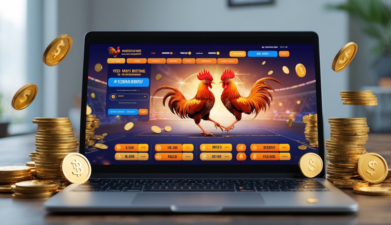 Seorang pengguna komputer sedang melihat platform taruhan sabung ayam Vietnam online dengan gambar ayam jago bertarung dan simbol uang di sekitar layar.