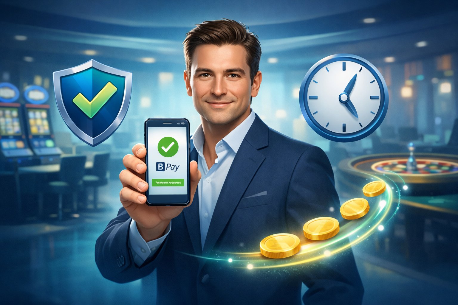 A Player Holding A Smartphone Showing A Secure Payment Confirmation, Surrounded By Icons Representing Speed, Security, And Convenience In A Casino Setting.
