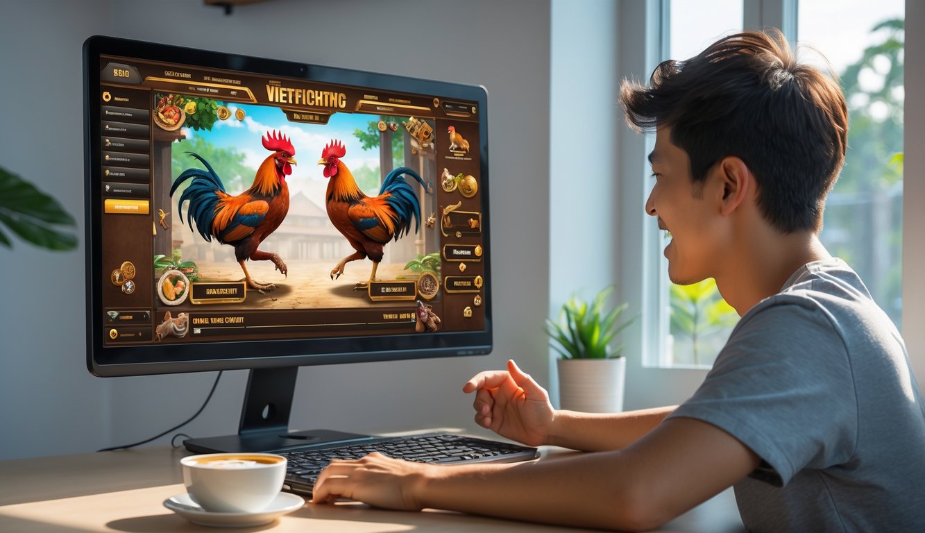Seorang dewasa muda duduk di depan laptop yang menampilkan permainan sabung ayam Vietnam online dengan dua ayam bertarung, di ruang kerja yang terang dan rapi.