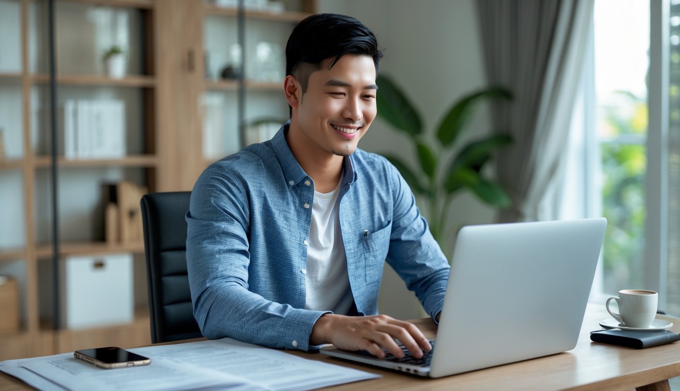 Seorang pria muda Vietnam sedang menggunakan laptop di ruang kerja rumah yang terang dan rapi, terlihat puas dan percaya diri.