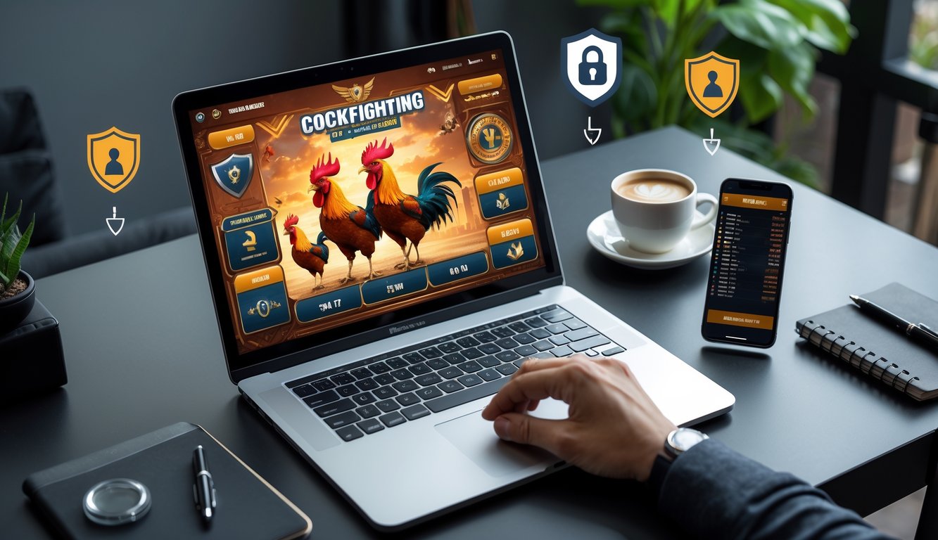 Meja kerja dengan laptop menampilkan permainan sabung ayam Vietnam online, dikelilingi oleh simbol keamanan dan perangkat seperti ponsel dan cangkir kopi.