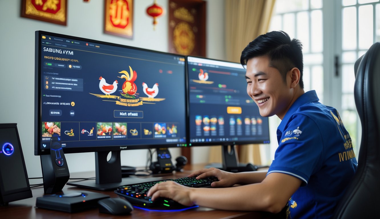 Seseorang menggunakan komputer dengan beberapa layar yang menampilkan platform permainan Sabung Ayam online di ruangan yang rapi dan terang.