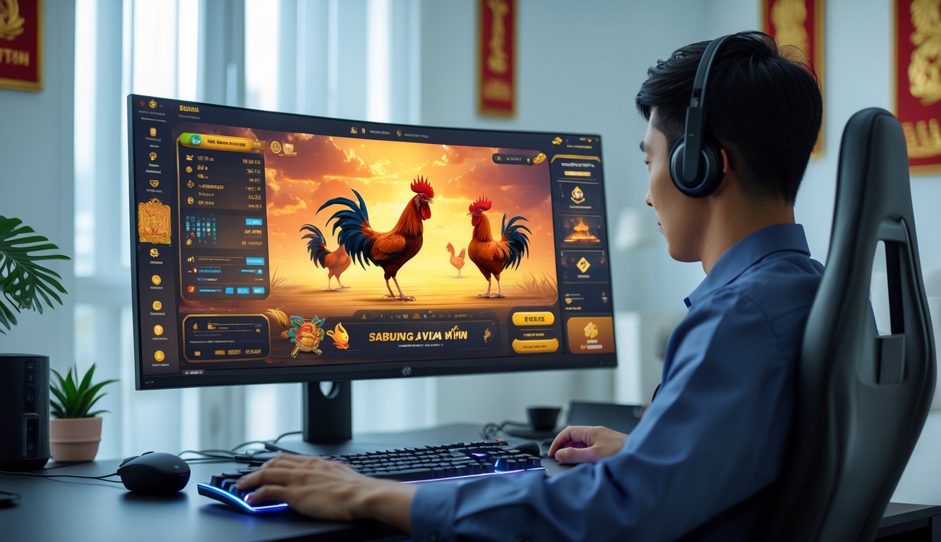 Sebuah ruang kerja modern dengan komputer menampilkan permainan sabung ayam Vietnam secara online dengan dua ayam jago sedang bertarung di layar.