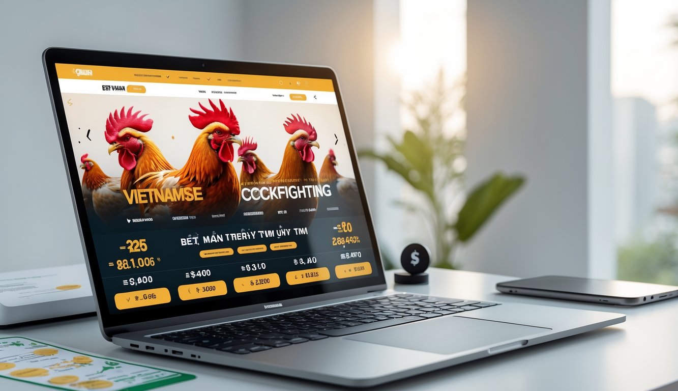Seorang pria menggunakan laptop di meja kerja dengan tampilan situs sabung ayam Vietnam online di layar.