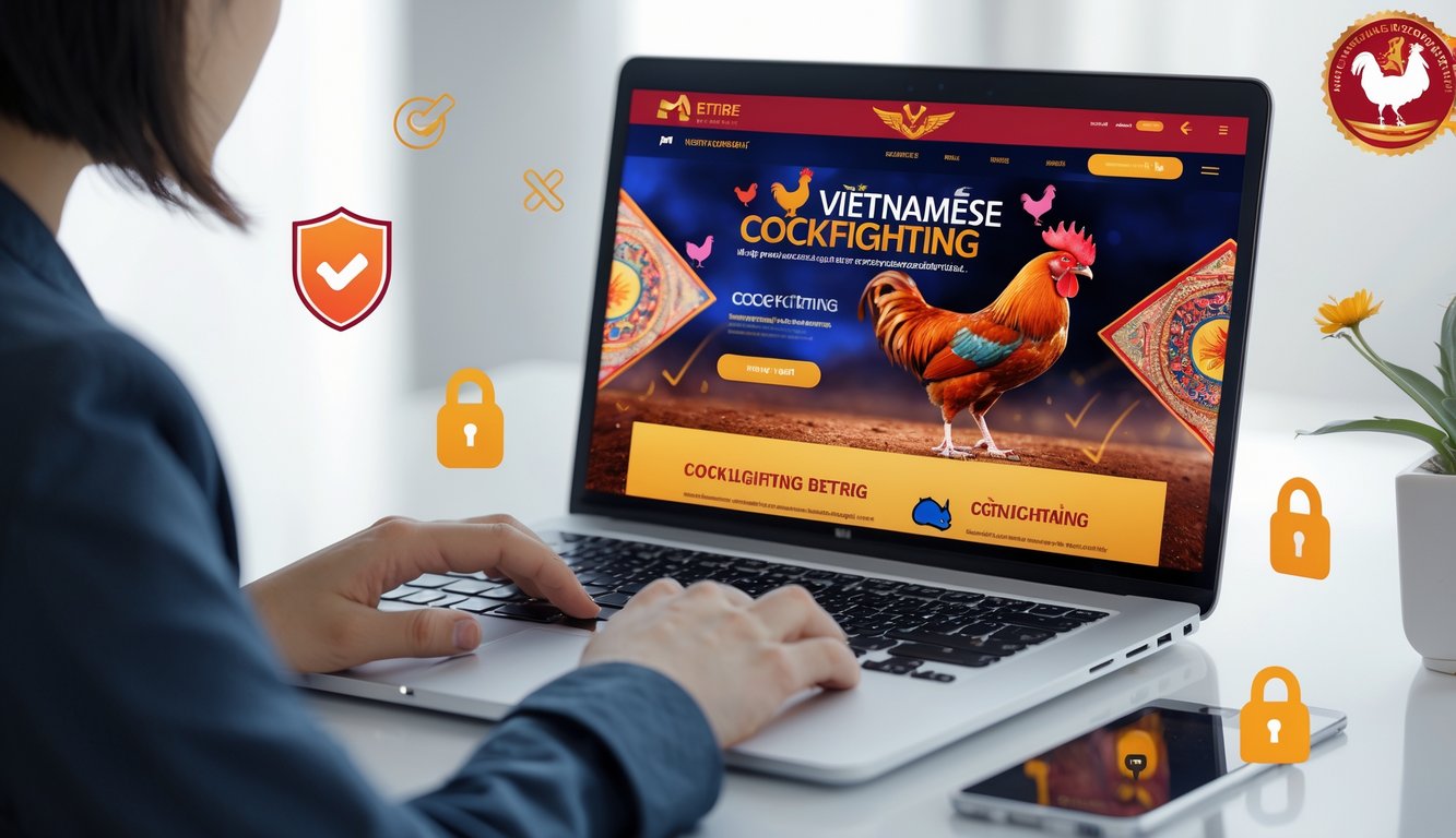 Seseorang menggunakan komputer di meja kerja yang bersih dengan tampilan situs sabung ayam Vietnam online yang berwarna-warni dan simbol keamanan di layar.