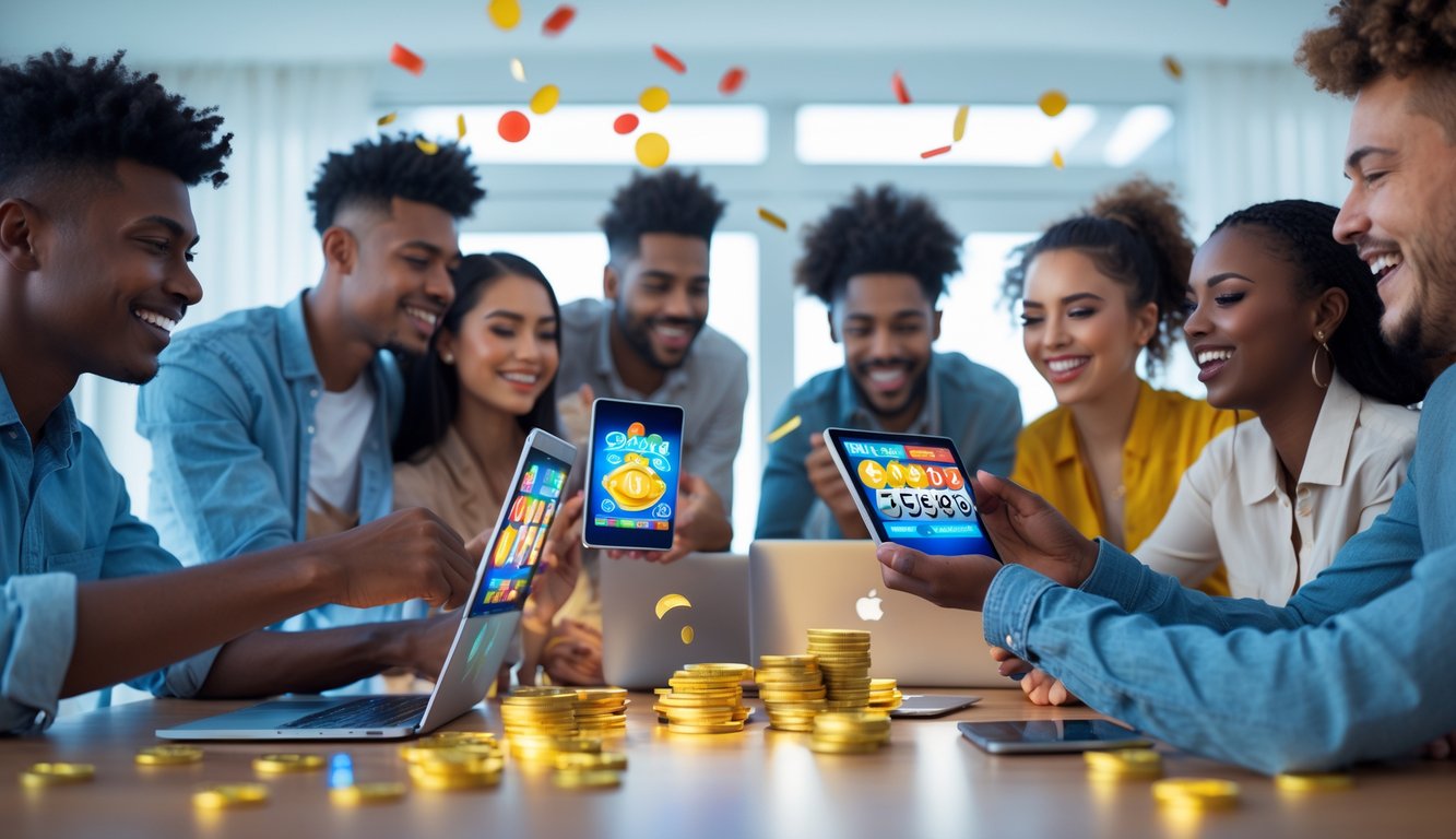 Sekelompok orang muda menggunakan perangkat digital di ruangan terang dengan simbol hadiah besar dan suasana semangat.