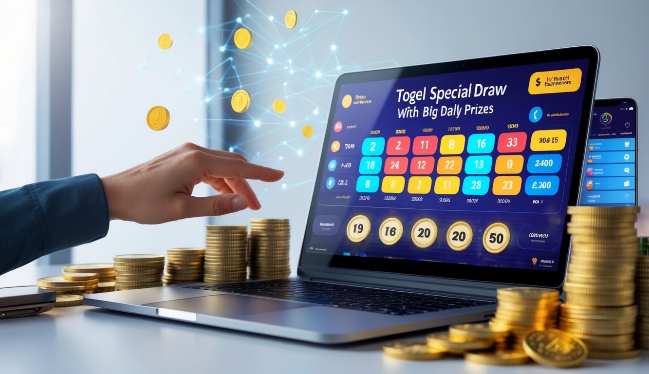Seseorang menggunakan laptop di meja kerja dengan tampilan antarmuka lotere online dan uang tunai di sekitar, menggambarkan konsep undian togel dengan hadiah besar setiap hari.